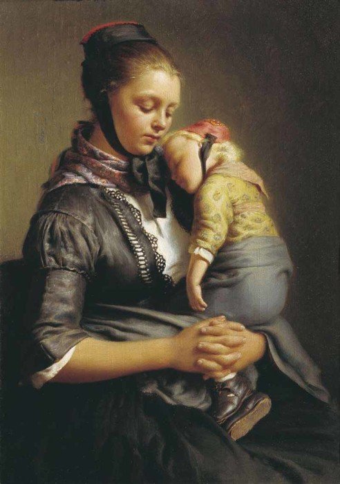 Открытки ко дню матери: Рейтерн Е. Р. Крестьянка из Вилленсхаузена с уснувшим ребенком на руках.